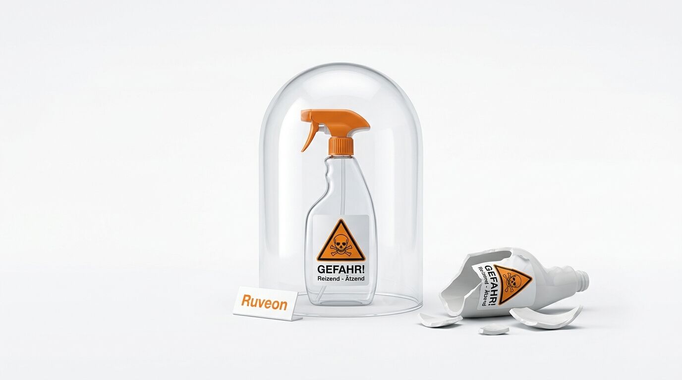 Gefahr-Sprühflasche unter Glas und zertrümmerte Flasche, links „Ruveon“