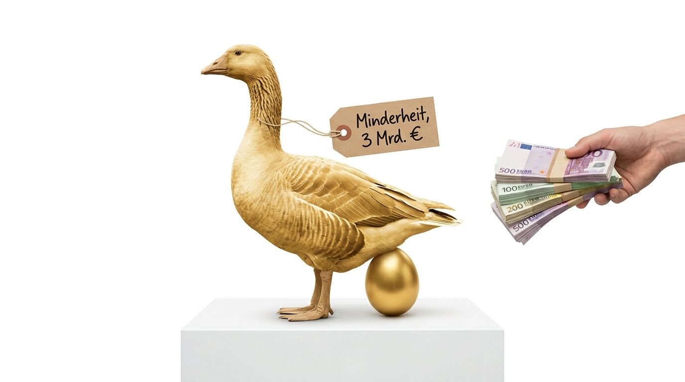 Goldene Gans mit Ei und Preisschild neben einer Hand, die Geldbündel hält