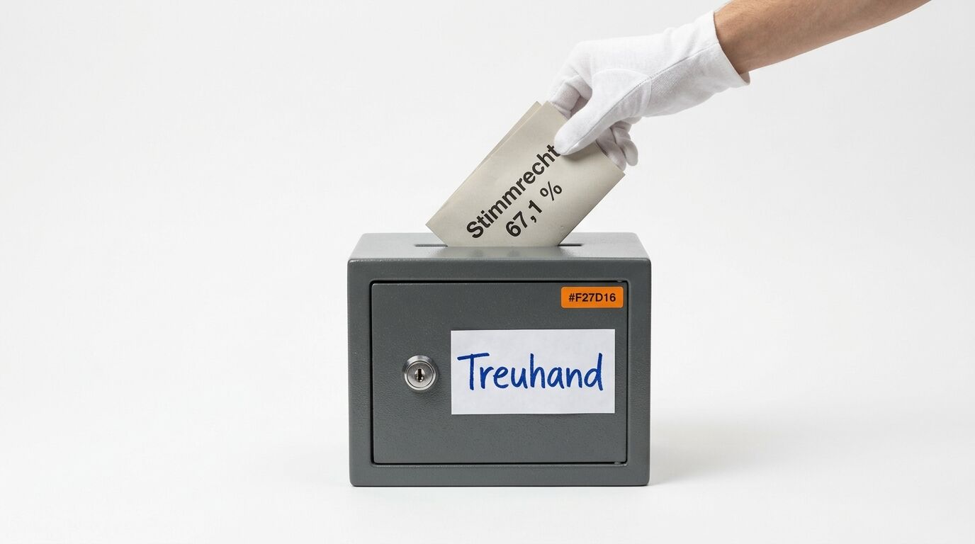 Tresor mit „Treuhand“-Schild, Hand in Handschuh steckt „Stimmrecht 67,1%“-Zettel in Schlitz