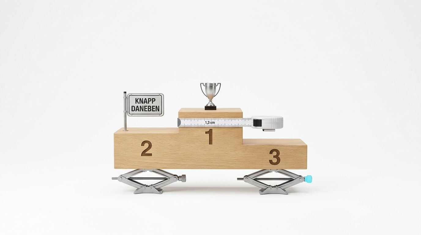 Holzpodest auf Scherenwagenhebern mit Pokal, Maßband und Schild