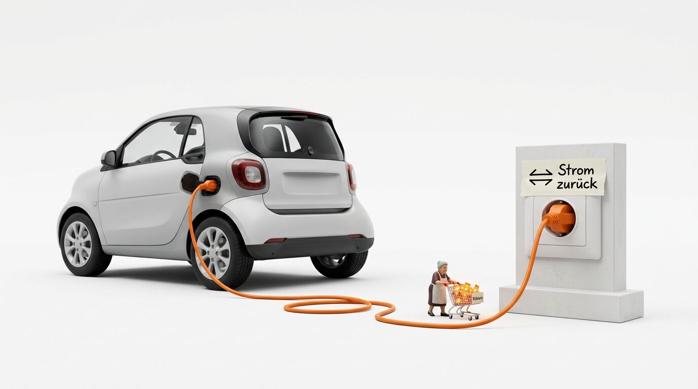 Elektroauto lädt an Säule, daneben Miniaturfigur mit gefülltem Einkaufswagen