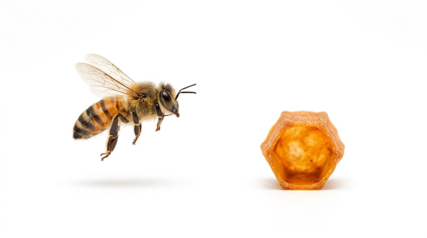 Eine Biene fliegt links von einer einzelnen Bienenwabe, beides vor weißem Hintergrund