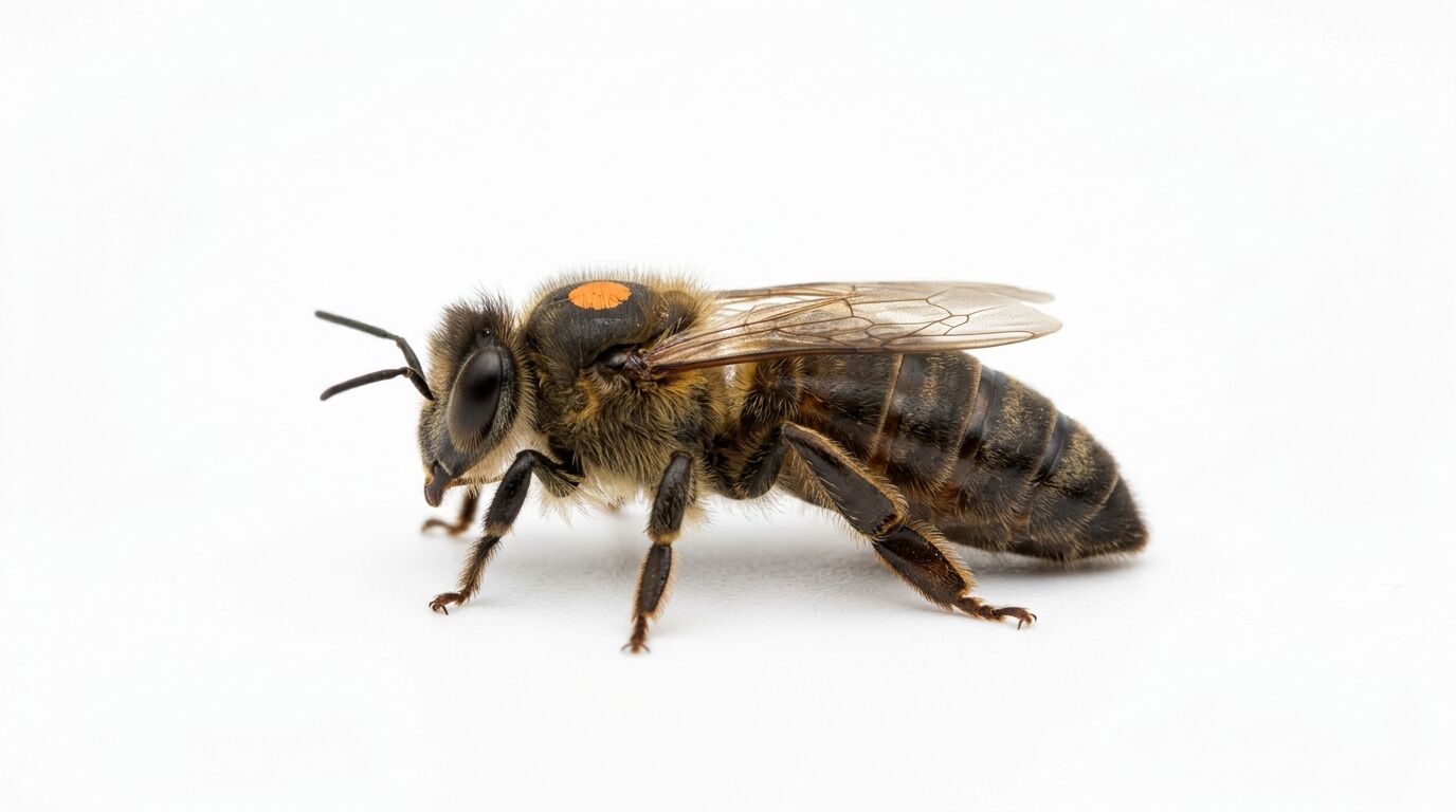 Eine Biene von der Seite mit einem orangefarbenen Punkt auf dem Thorax