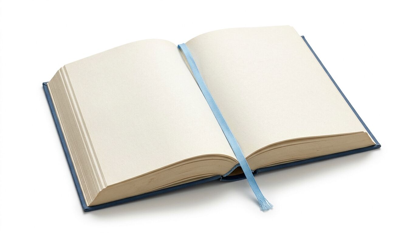 Ein geöffnetes Buch mit blauem Einband und hellem Lesezeichen auf weißem Hintergrund