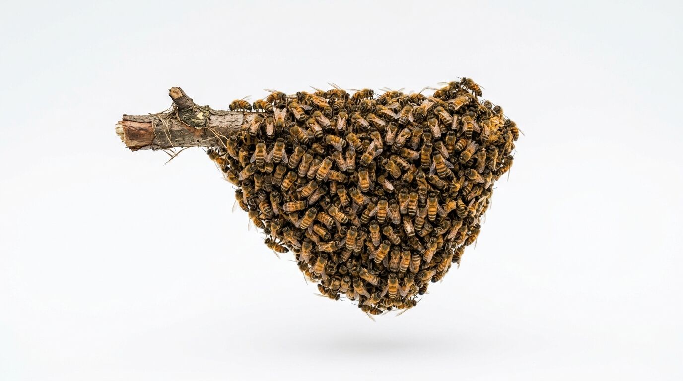 Ein Bienenschwarm, der von einem kleinen Ast auf hellem Grund hängt
