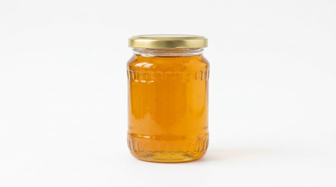 Glas mit goldgelbem Honig und goldenem Deckel vor weißem Hintergrund, unbeschriftet