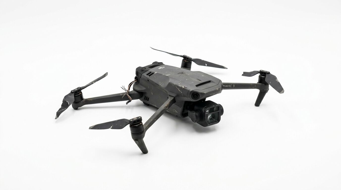 Eine beschädigte DJI Mavic 3 Drohne vor weißem Hintergrund