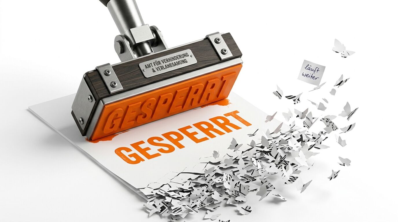 Stempel mit Text „GESPERRT“, darunter fliegen Papierschmetterlinge weg
