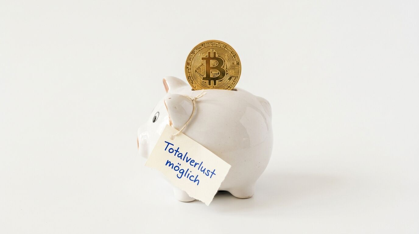 Sparschwein mit Bitcoin und Warnschild „Totalverlust möglich“
