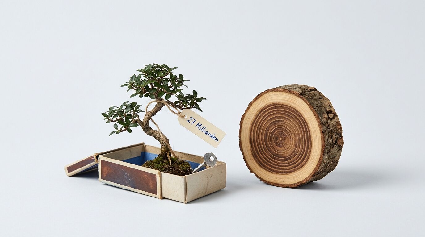 Ein Bonsai in Streichholzschachtel mit Preisschild, Schlüssel und Baumstammscheibe daneben
