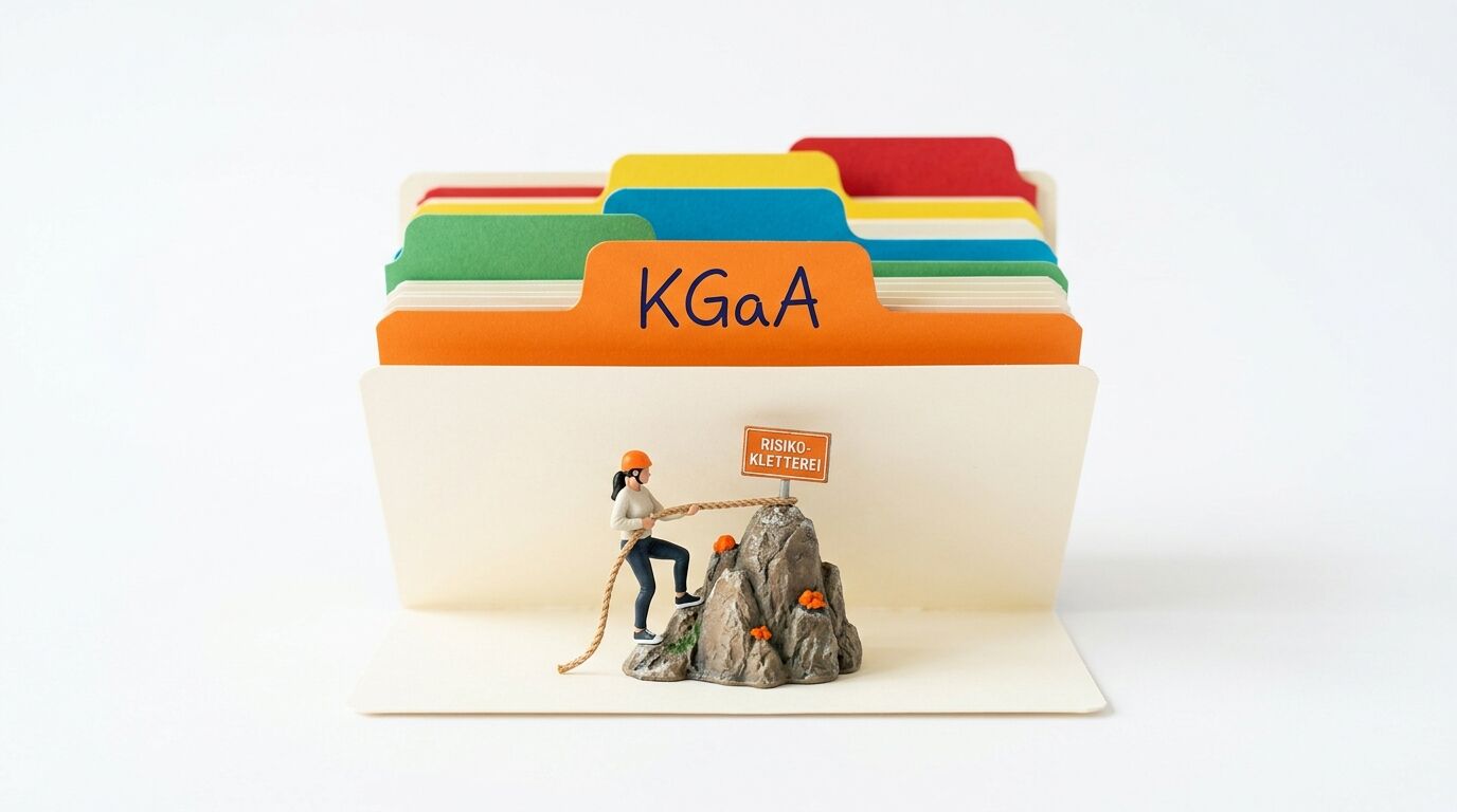 Miniaturkletterer auf einem Felsen vor farbigen Karteikarten-Trennblättern, die mit