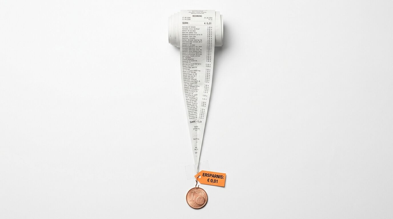 Langer Bon bildet Fragezeichen, unten hängen 1 Cent und Schild mit „ERSPARNIS: € 0,01“