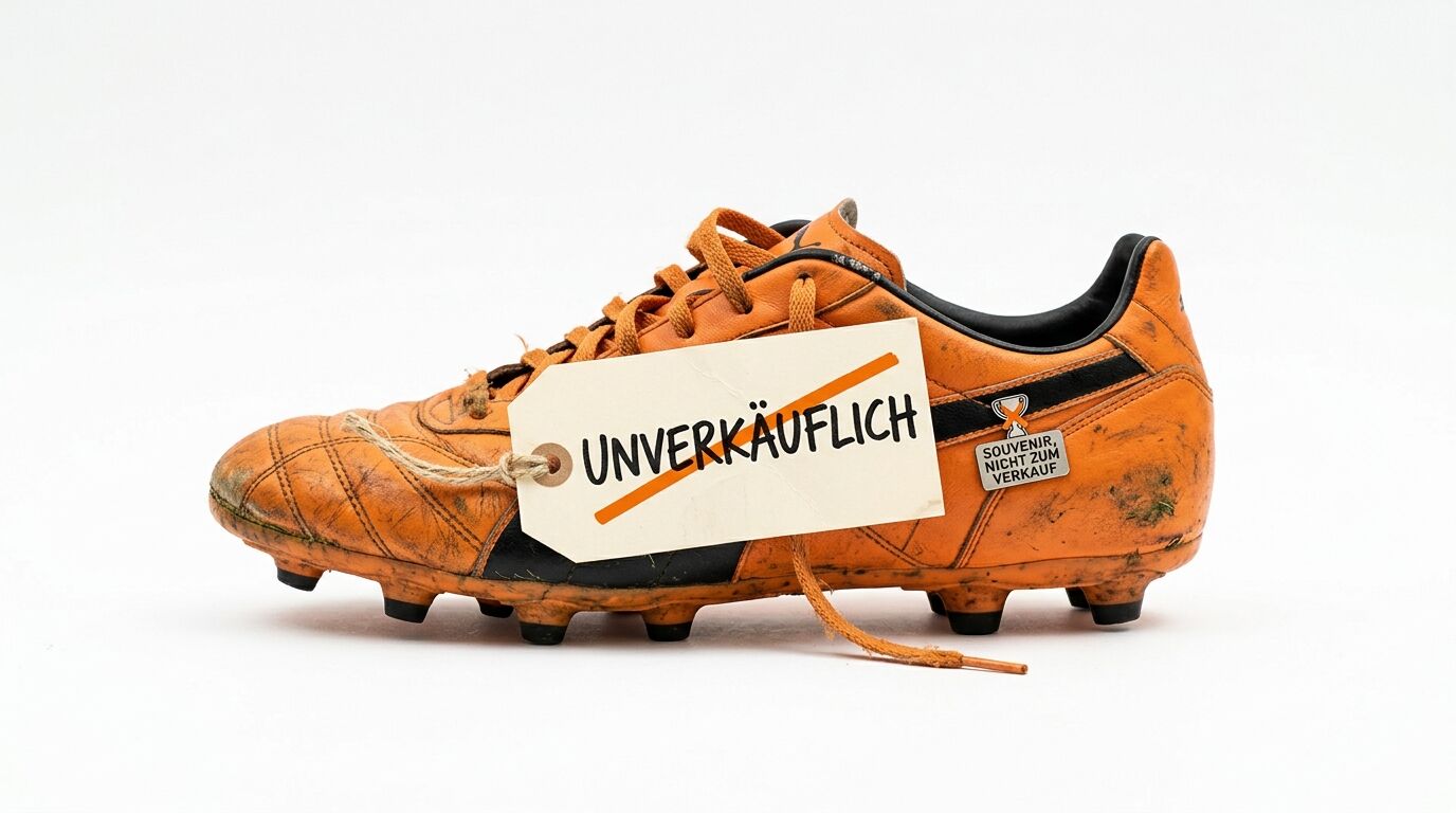 Oranger, getragener Fußballschuh mit „UNVERKÄUFLICH“-Schild und Souvenir-Plakette