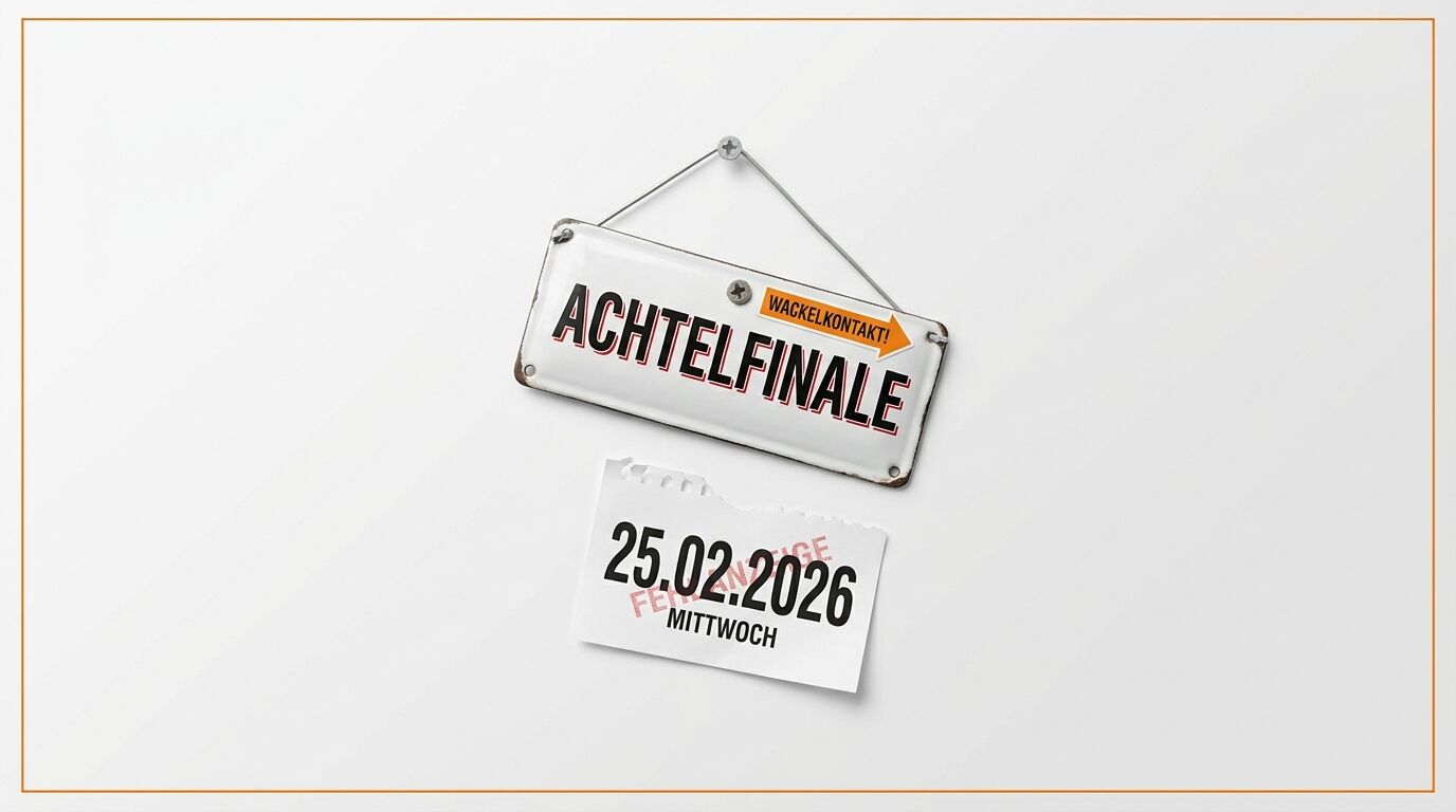 Schild „ACHTELFINALE“ und Kalenderblatt 25.02.2026 auf weißem Grund