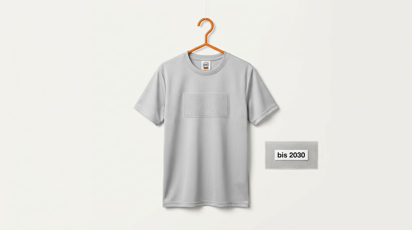 Graues T-Shirt am Kleiderbügel mit Klettfeld und separatem Patch „bis 2030“