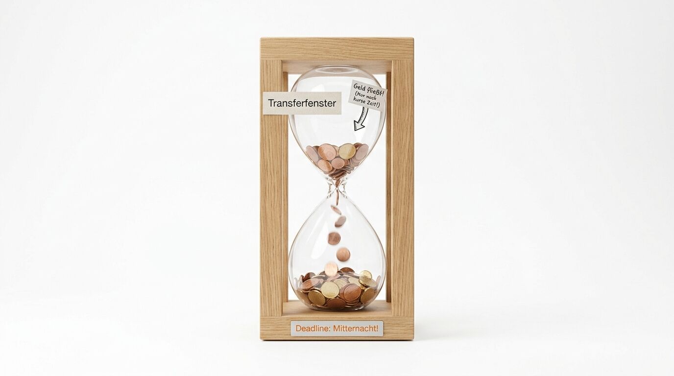 Sanduhr mit Holzrahmen, gefüllt mit Münzen statt Sand, vor weißem Hintergrund