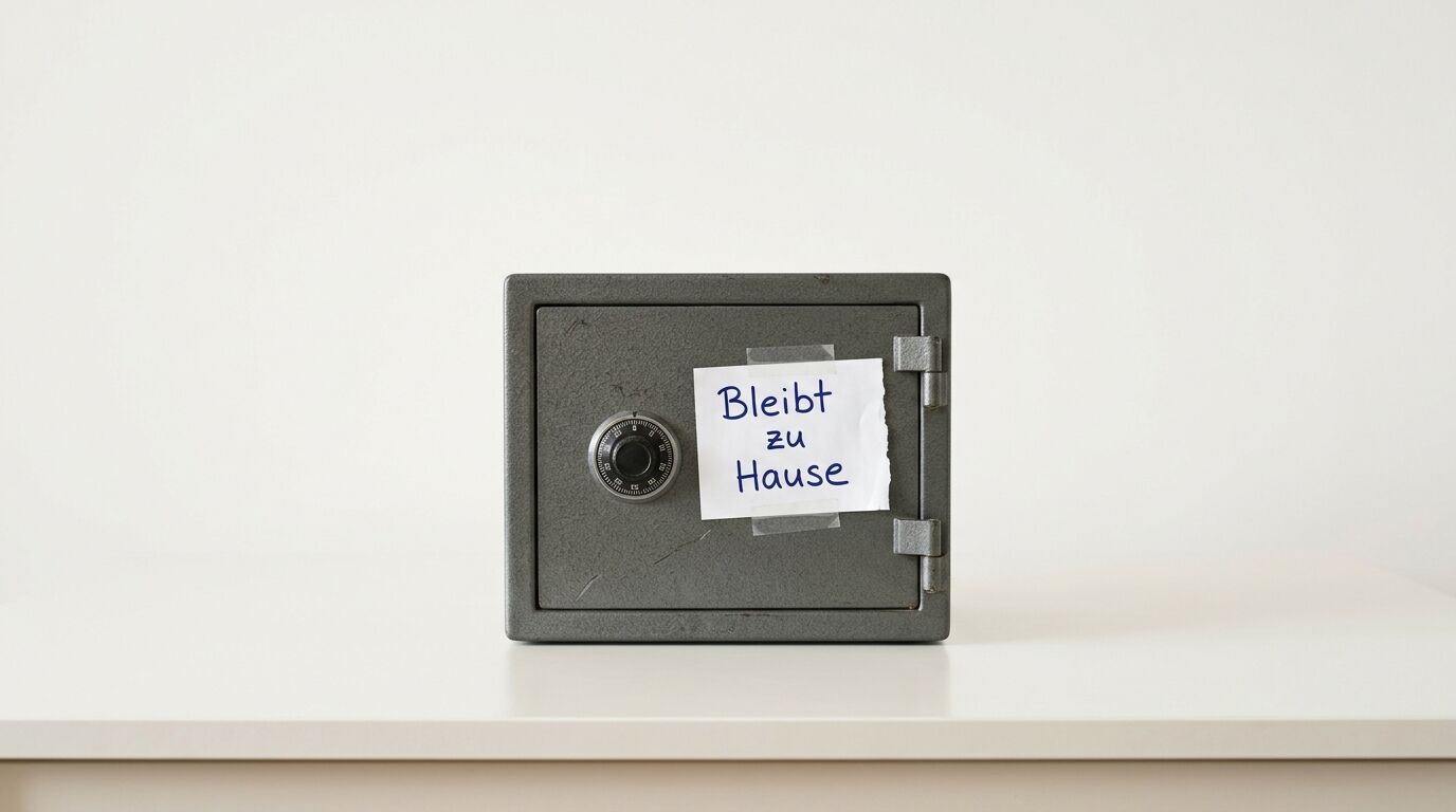 Tresor mit Zahlenschloss und Notiz „Bleibt zu Hause“ auf weißem Tisch vor weißer Wand