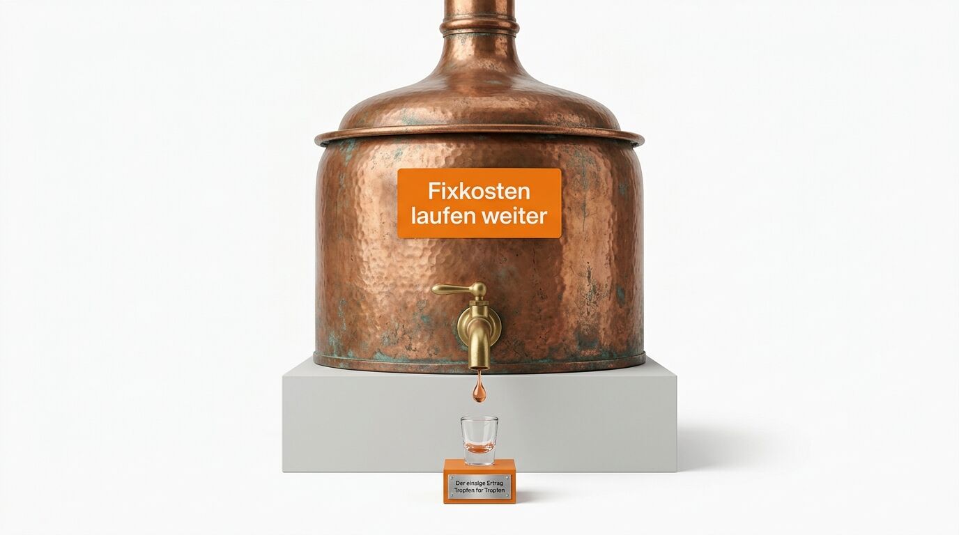 Kupferkessel auf Sockel tropft in Glas, darauf orangefarbenes Schild mit Text