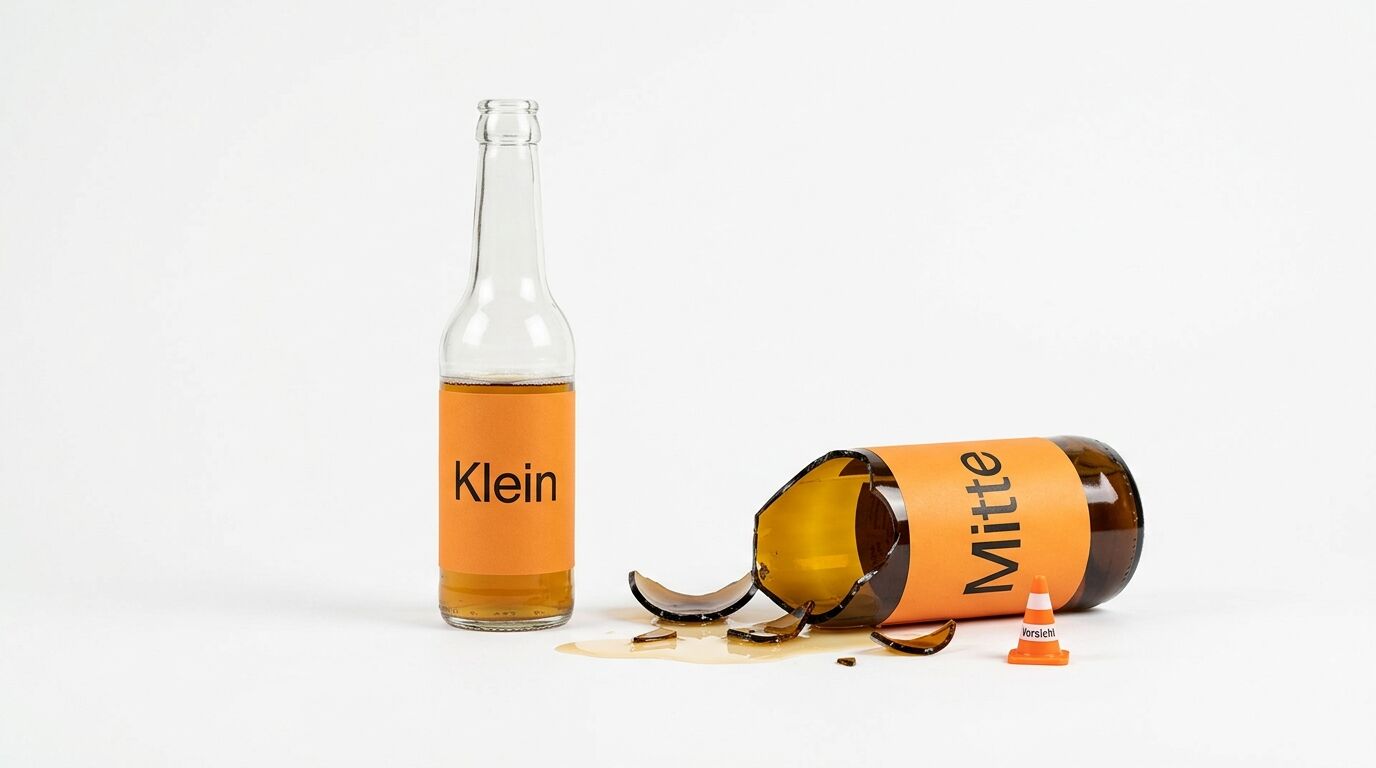 Eine volle, stehende und eine zerbrochene, liegende Bierflasche, beschriftet „Klein“ und „Mitte“