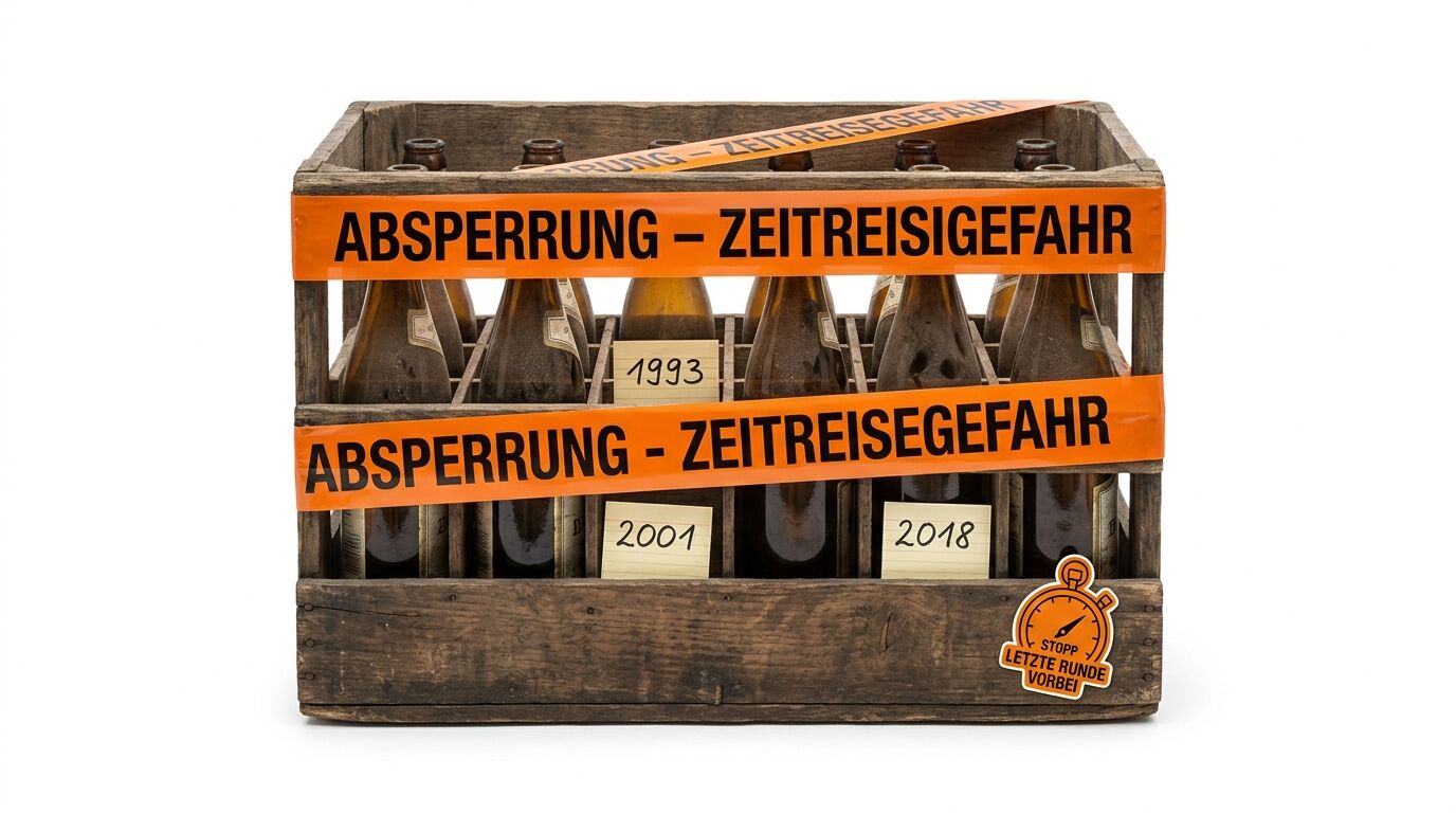 Alte Holzkiste mit Flaschen, Absperrband „ZEITREISEGEFAHR“ und Jahreszahlenetiketten