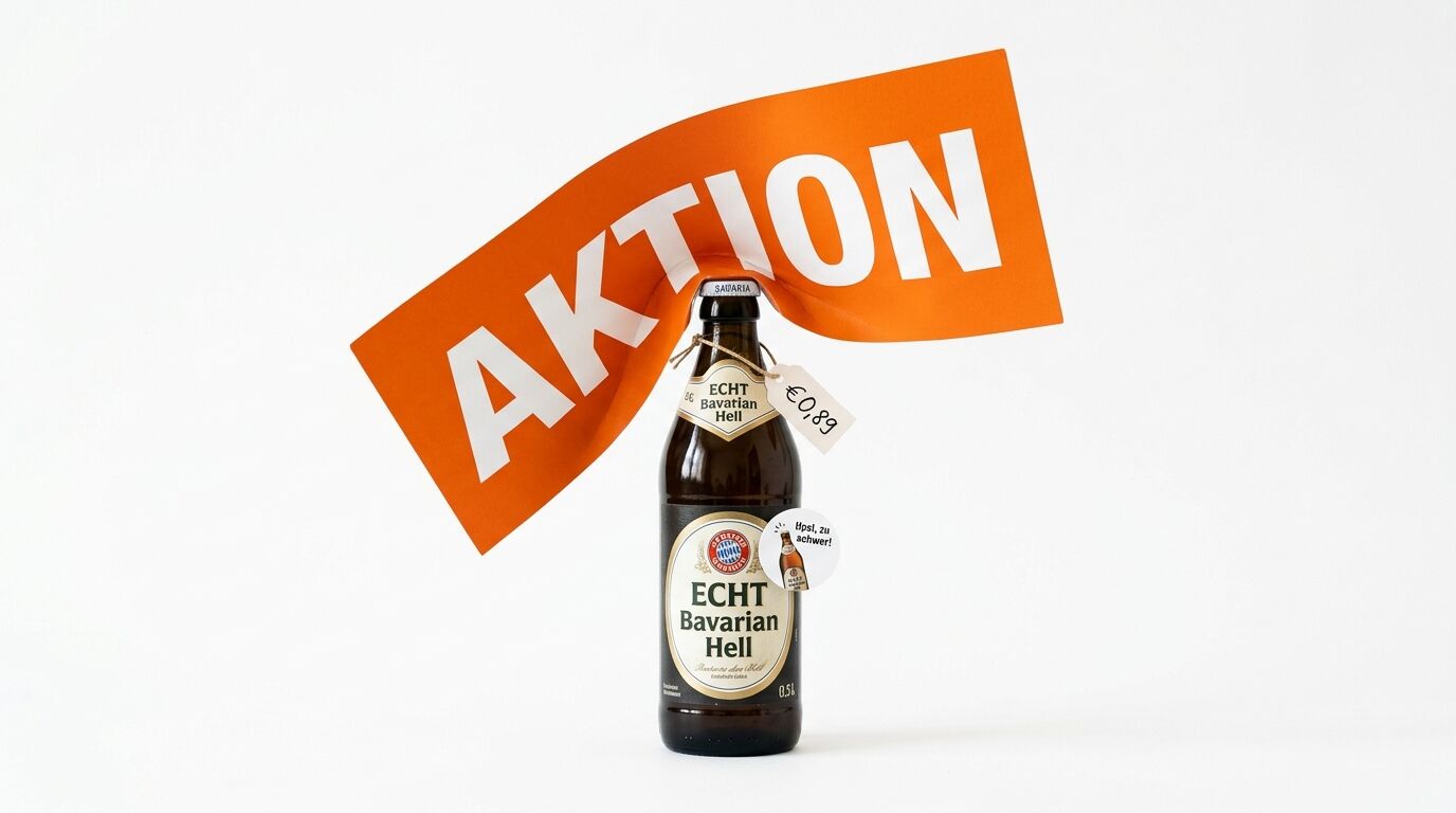 Bierflasche mit orangem Banner „AKTION“ und zwei Etiketten auf weißem Grund