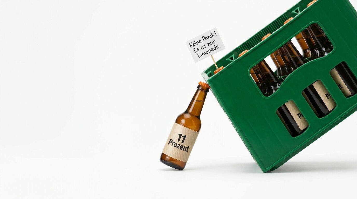 Schräger grüner Bierkasten mit Flaschen; davor 11 %-Flasche mit Pappschild „Keine Panik! Es ist nur Limonade“