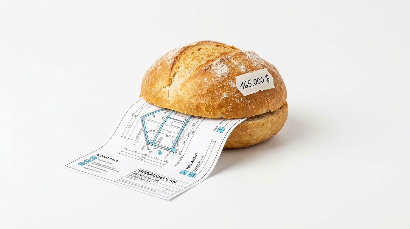 Bauplan in einem aufgeschnittenen Brötchen mit Preisschild von 165.000$ vor weißem Hintergrund