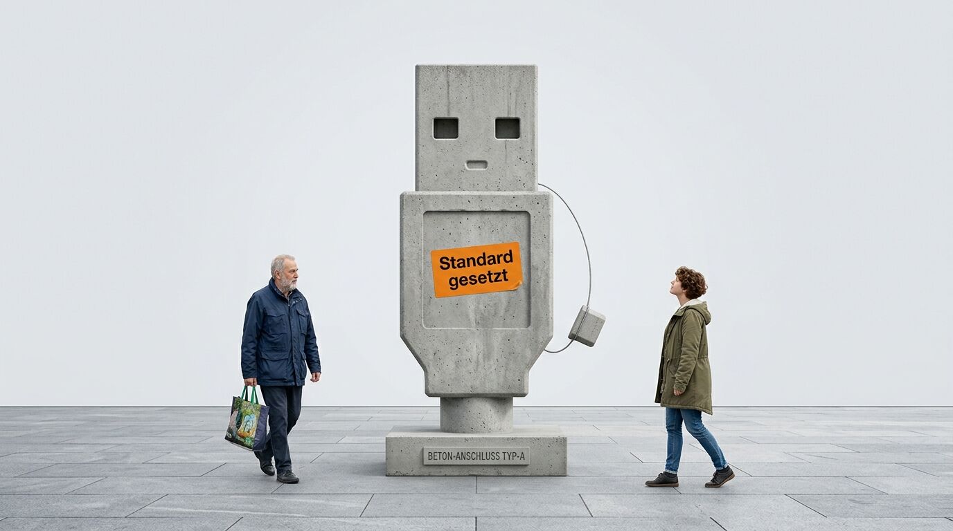 Übergroße Betonskulptur eines USB-Steckers, flankiert von zwei Personen in einer Galerie