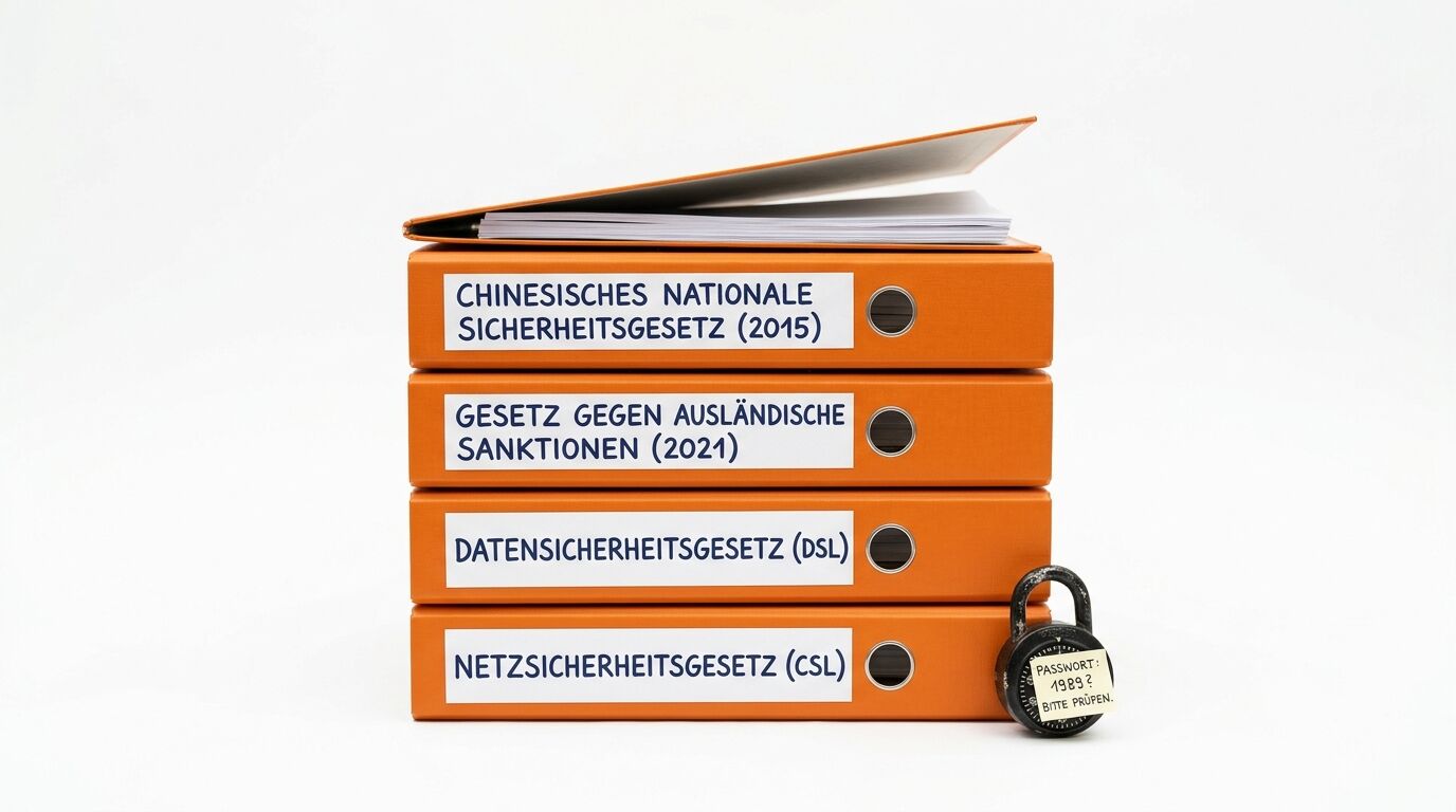 Stapel orangefarbener Ordner mit Beschriftungen zu chinesischen Gesetzen und Vorhängeschloss