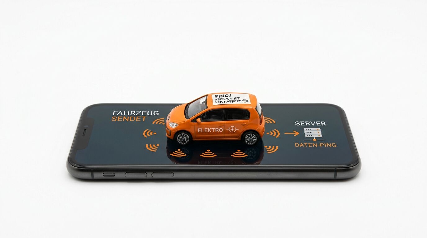 Orangefarbenes Modellauto auf einem Smartphone mit Grafiken zur Datenübertragung