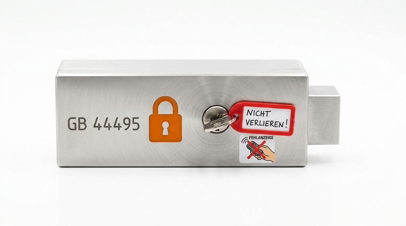 Metallsperrriegel mit Schloss und Aufschrift „GB 44495“, Schlüssel mit rotem Anhänger