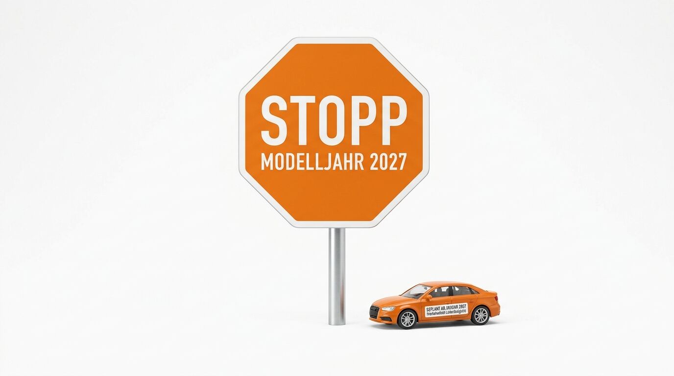 Oranges Stoppschild mit weißer Aufschrift „STOPP MODELLJAHR 2027“ und oranges Spielzeugauto