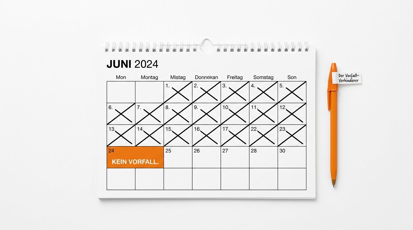 Juni 2024 Kalender mit ausgekreuzten Tagen und orangefarbenem Feld, daneben ein Stift