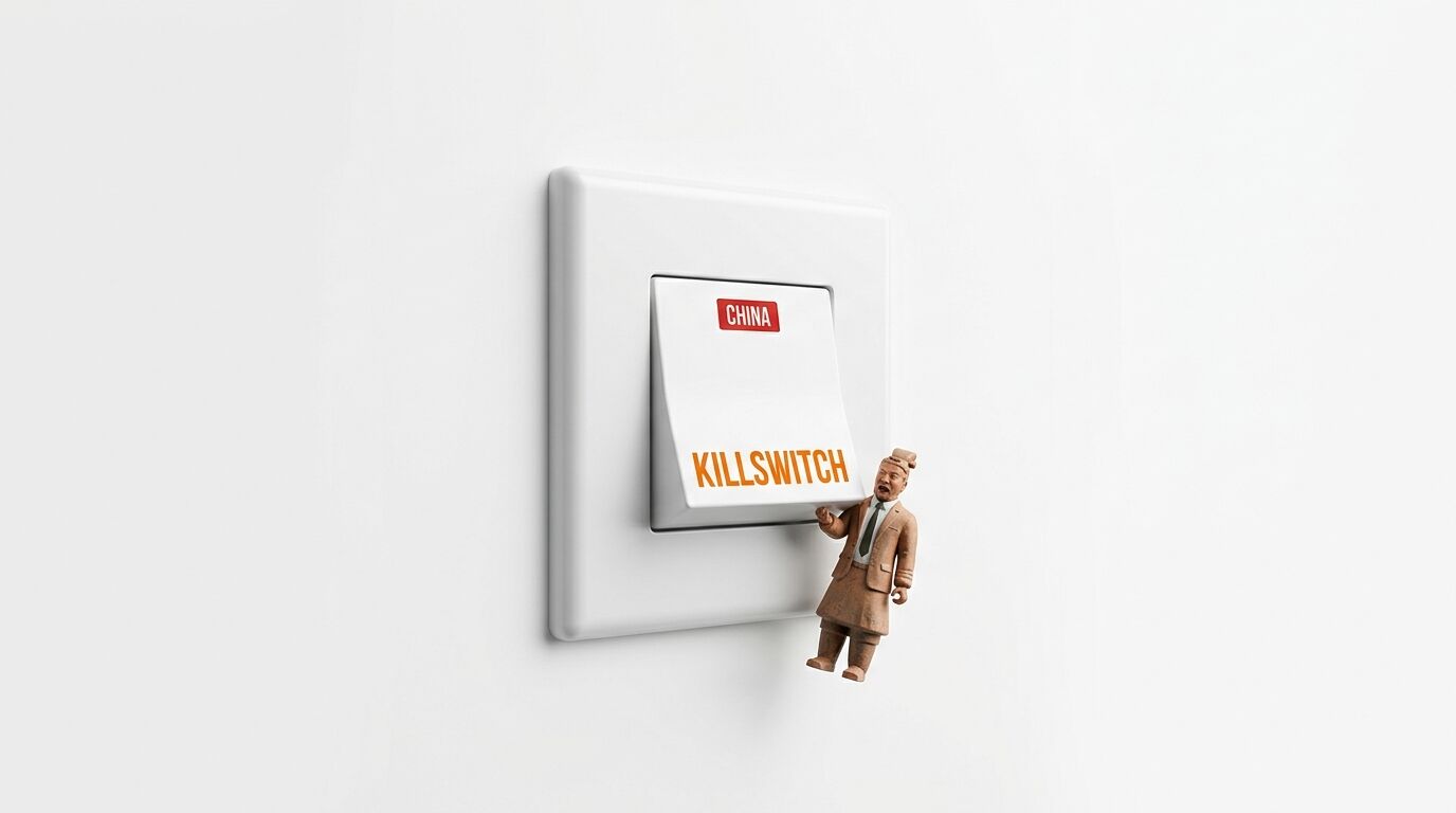 Lichtschalter mit der Aufschrift „CHINA“ und „KILLSWITCH“ und eine Terrakotta-Krieger-Minifigur