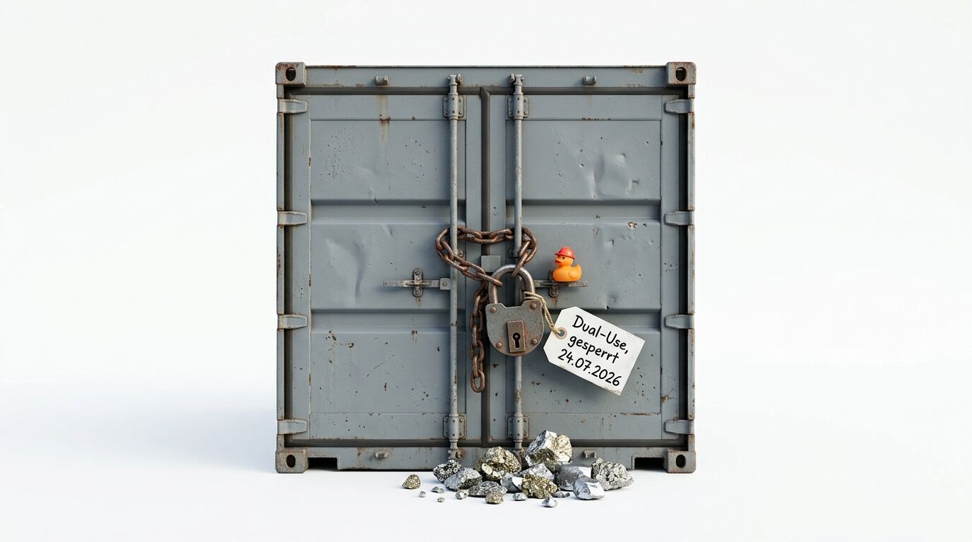Verschlossener Container mit Kette, Vorhängeschloss, Badeente, Anhänger und Steinen davor