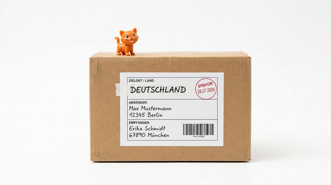 Paket mit Adressetikett nach Deutschland und einer orangefarbenen Spielfigur obenauf