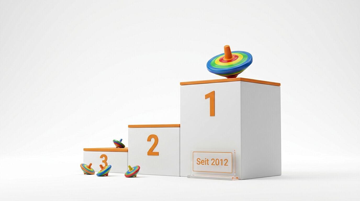 Podest mit bunten Kreiseln und Schild „Seit 2012“