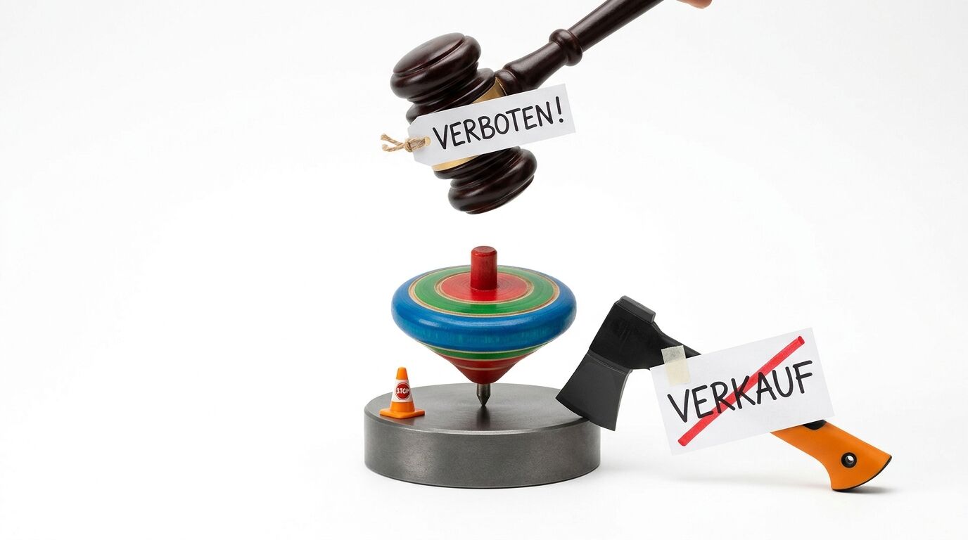 Hauklotz mit Kreisel, Hütchen, Beil und Richterhammer mit „Verboten!“-Schild davor