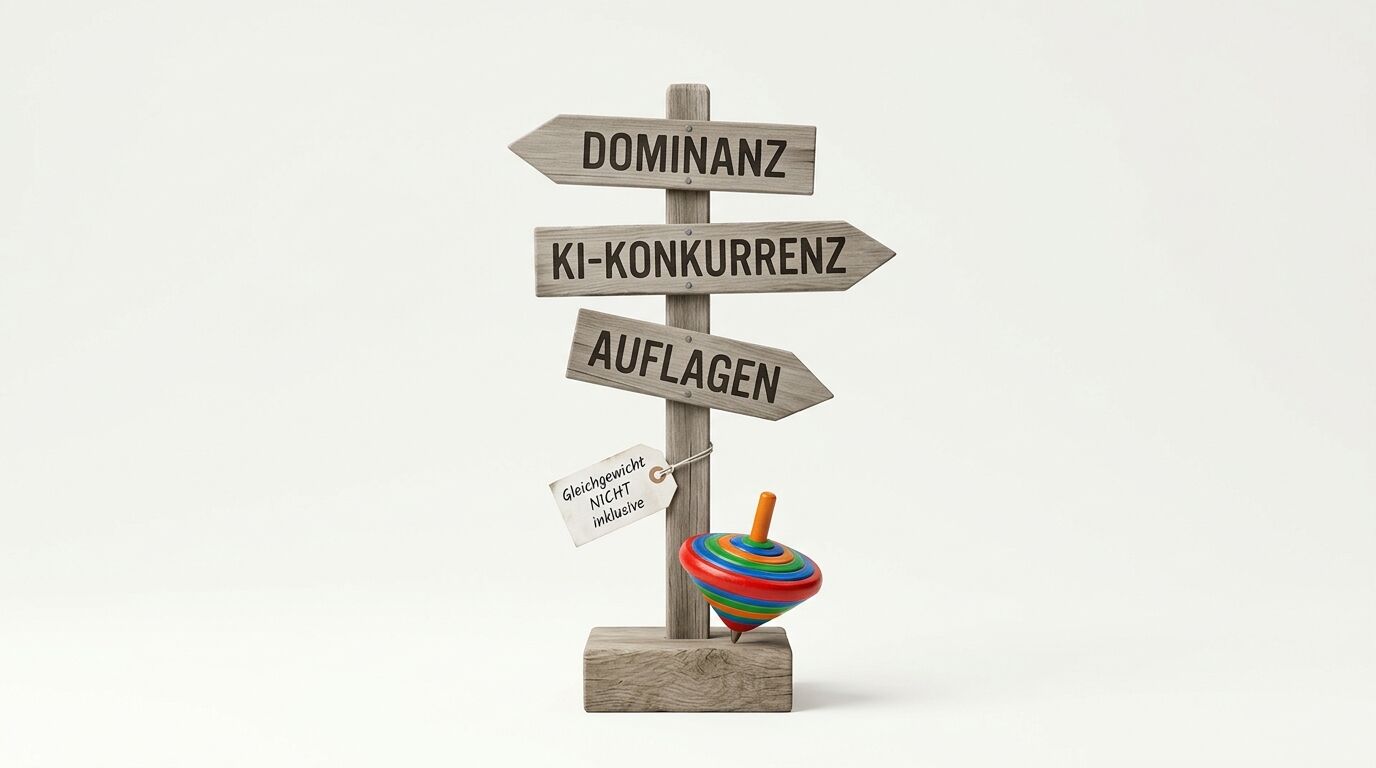 Wegweiser mit Begriffen Dominanz, KI-Konkurrenz, Auflagen; Anhänger und bunter Kreisel