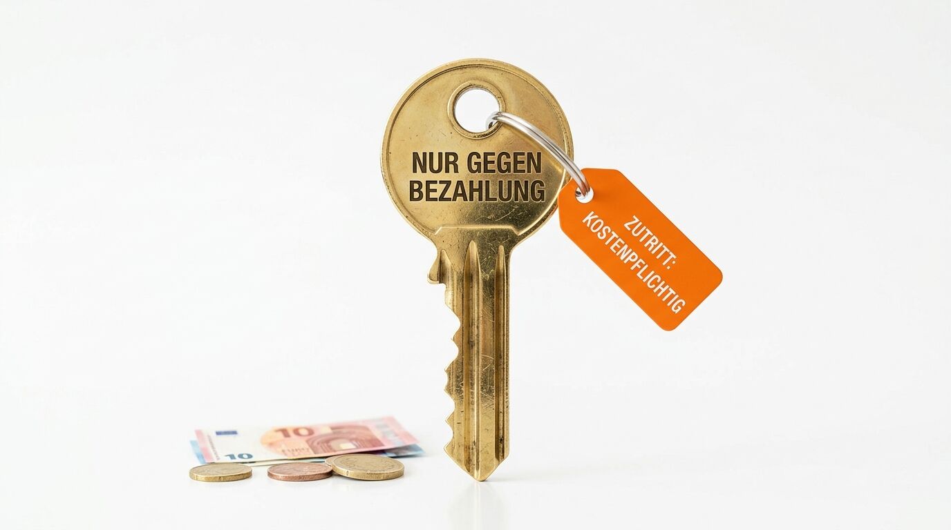 Stehender Messingschlüssel mit zwei 10-Euro-Noten und Münzen davor, auf hellem Grund