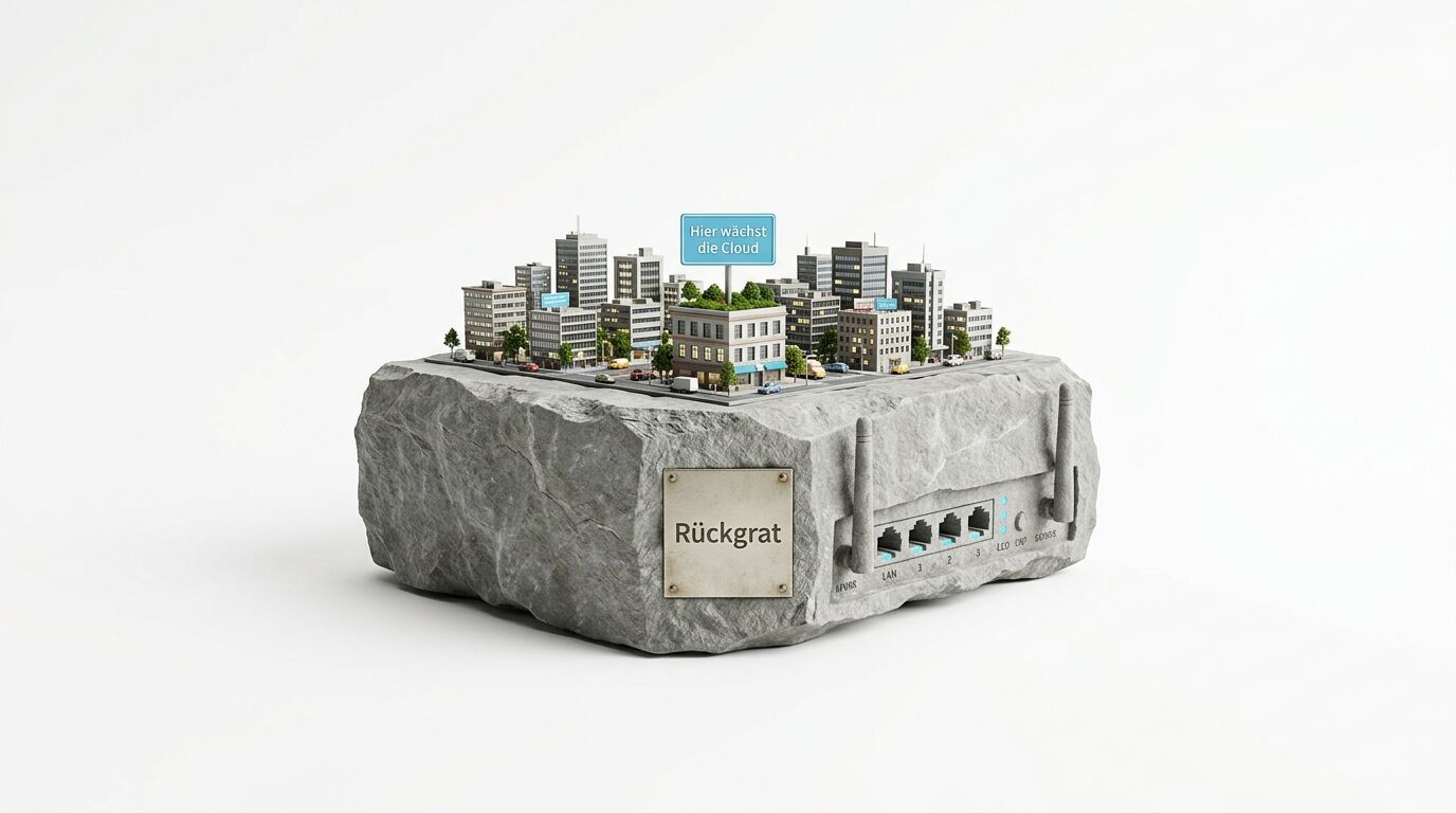 Miniaturstadt auf Felsblock, der ein Internet-Router ist, mit Plaketten und Texten