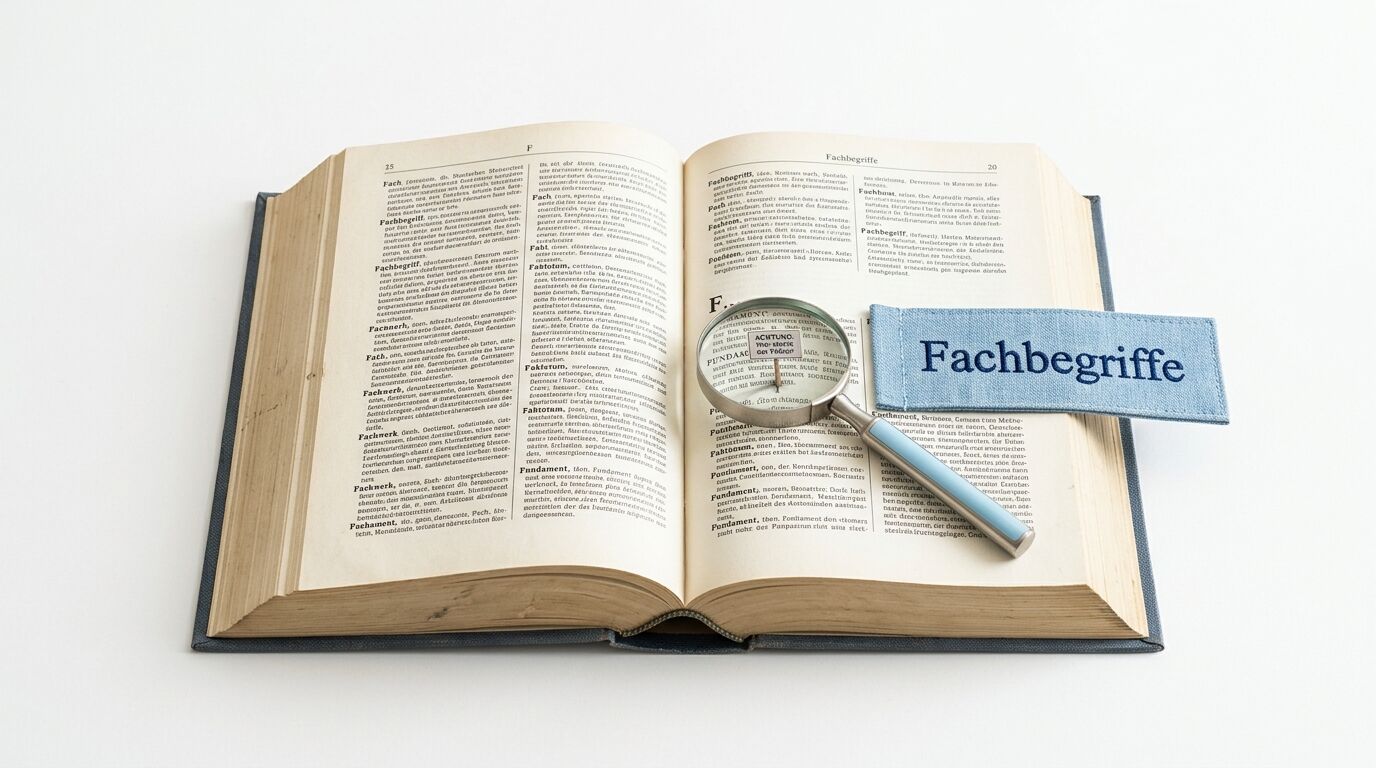Aufgeschlagenes Buch mit Lupe und blauem Lesezeichen „Fachbegriffe“
