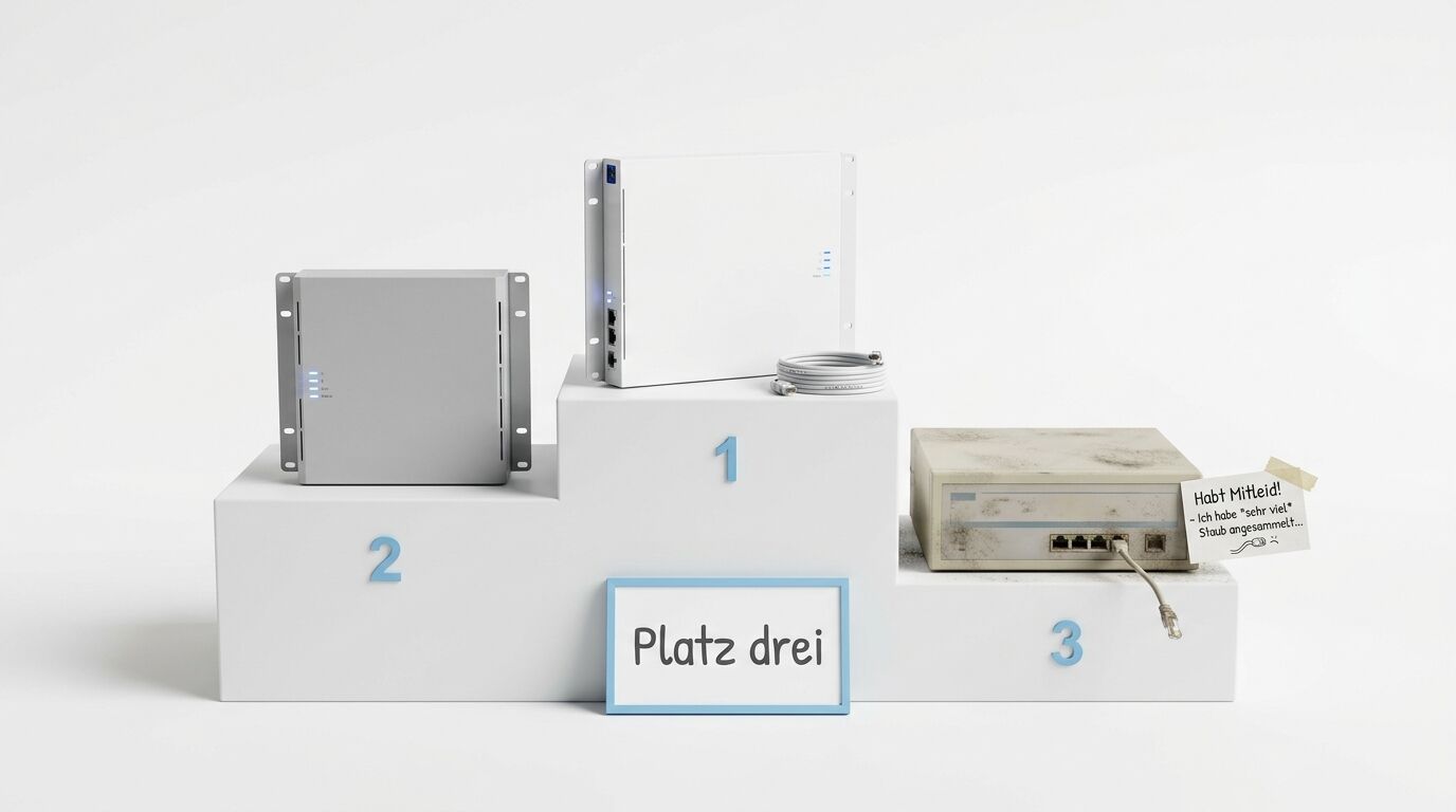 Zwei moderne IT-Geräte und ein verstaubtes altes auf einem Podium mit Platzierungen 1, 2, 3