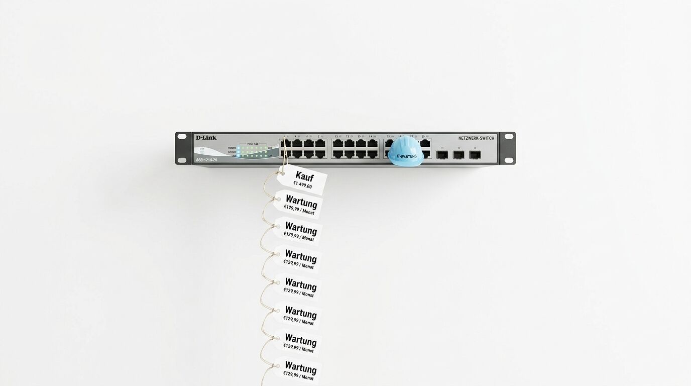 Netzwerk-Switch mit blauer Kappe und Preis- sowie Wartungsschildern auf weißem Grund