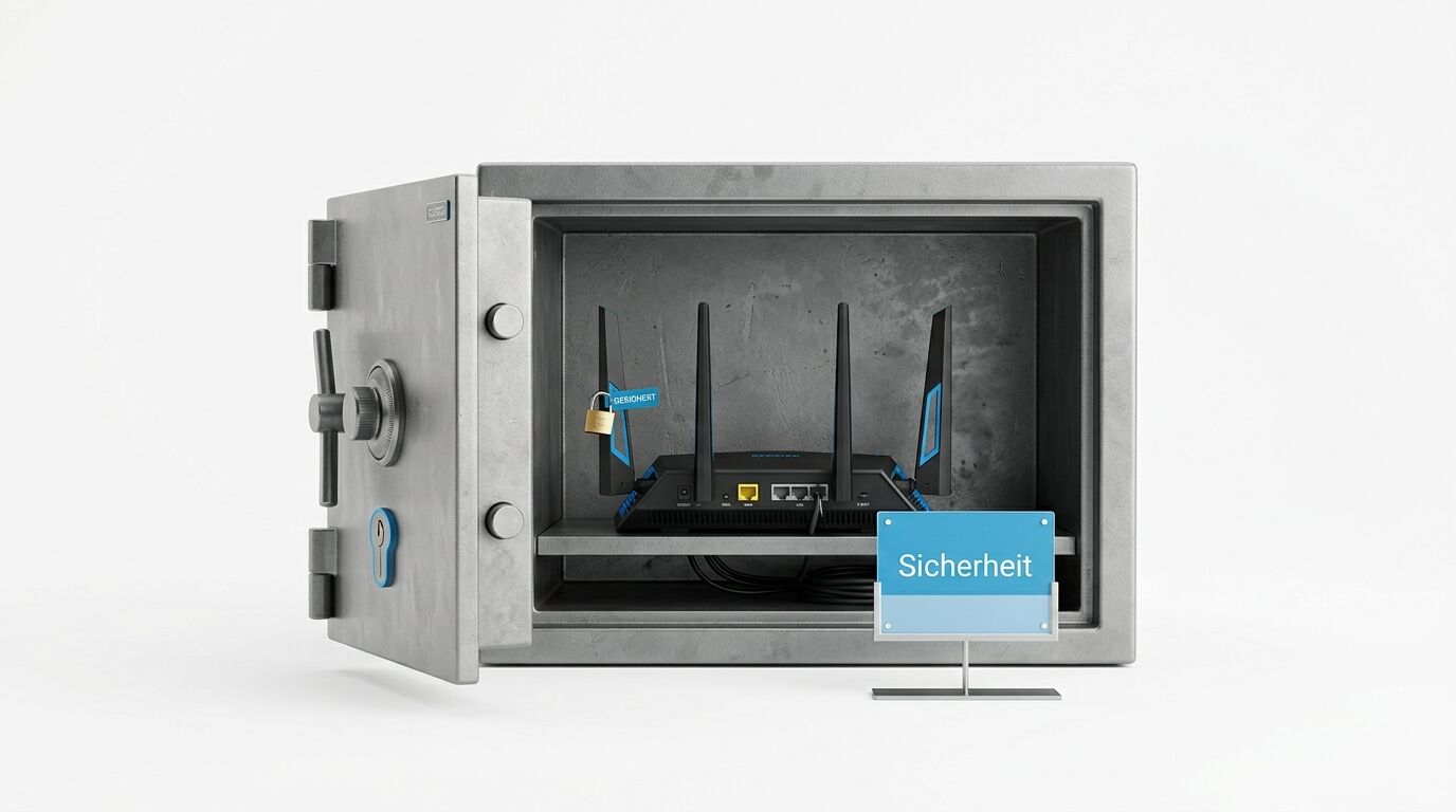 Geöffneter Safe mit Router darin, ein Vorhängeschloss an einer Antenne, Schild
