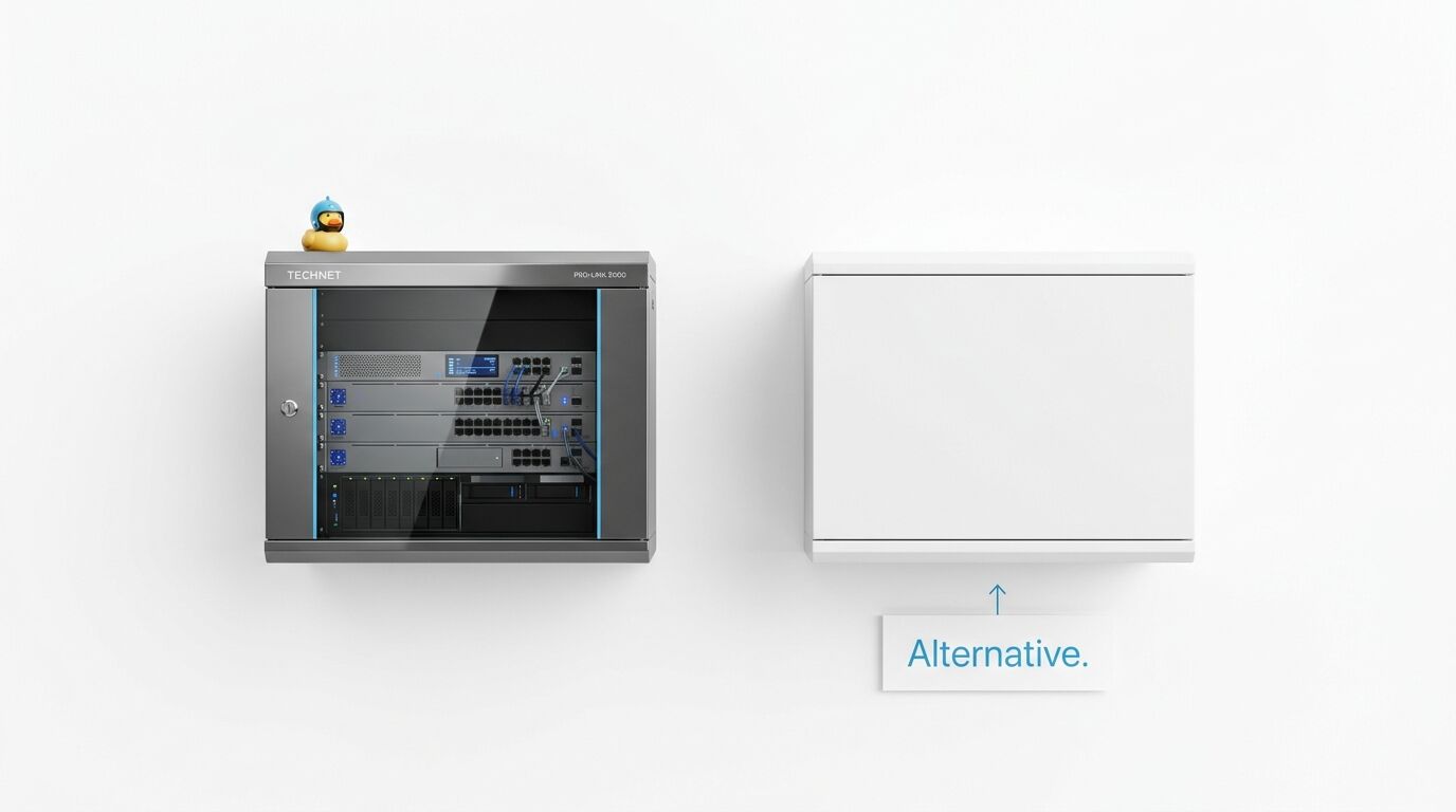 Server-Rack mit Ente, daneben ein geschlossener weißer Kasten als