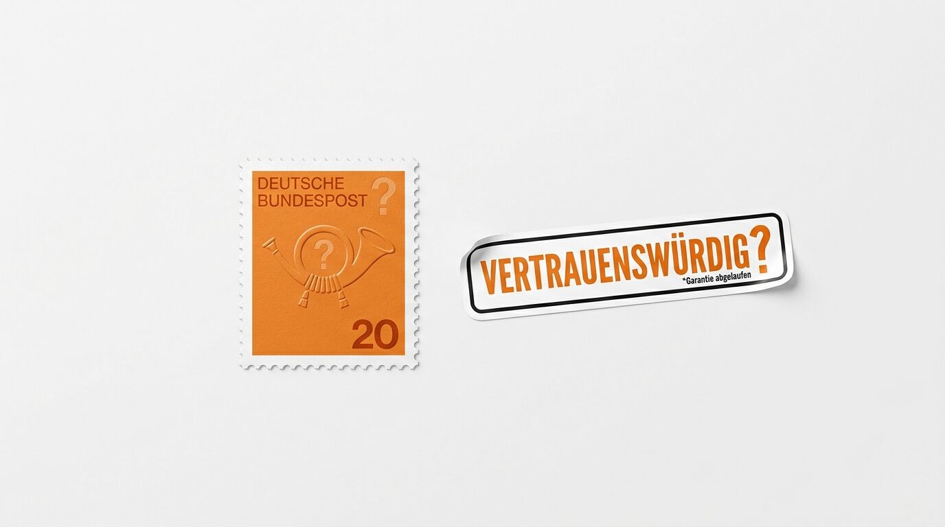 Orangefarbene Briefmarke mit Posthorn links und Aufkleber mit „VERTRAUENSWÜRDIG?“ rechts