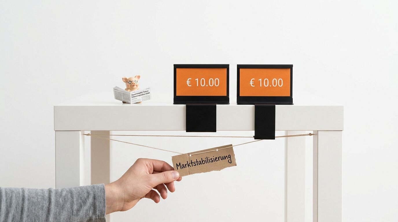 An einem Tisch hängen Preisschilder mit einem Schild darunter, auf dem „Marktstabilisierung“ steht