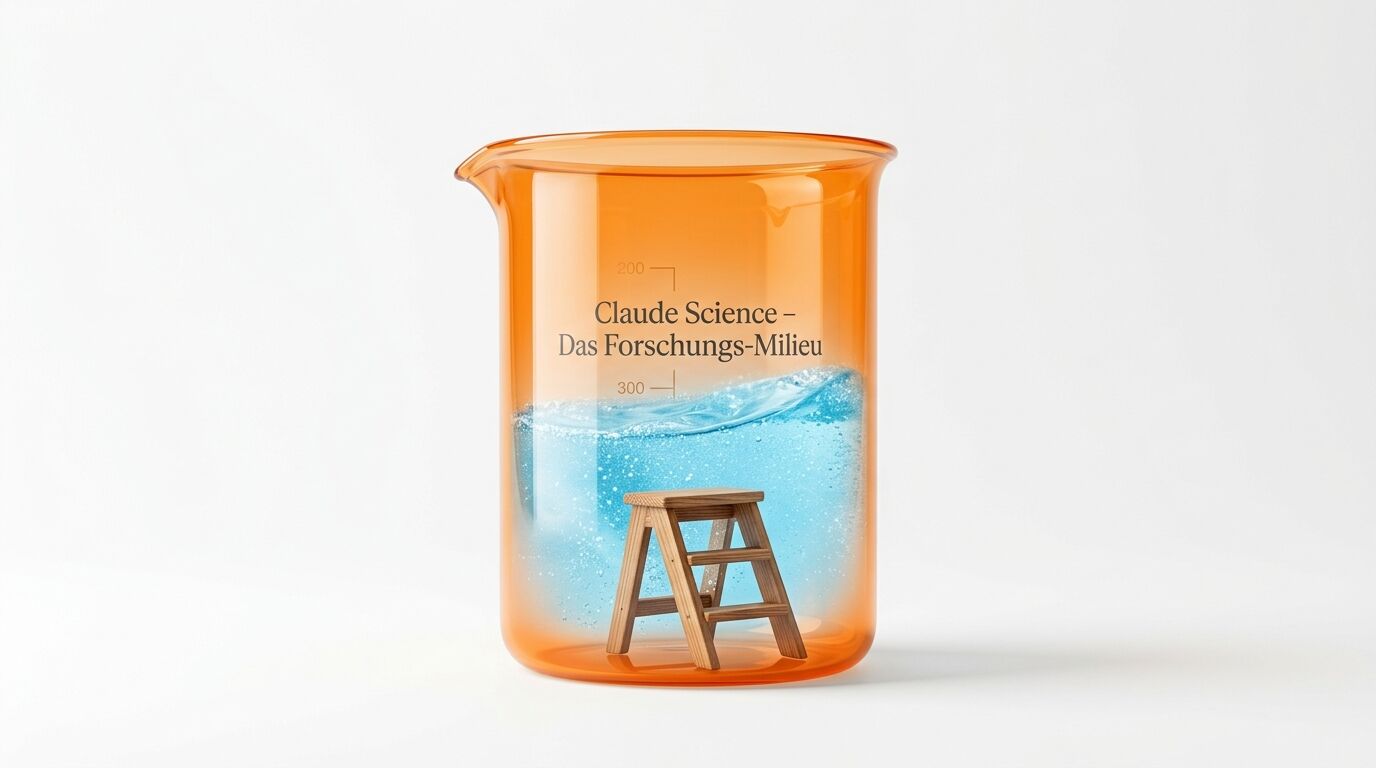 Oranges Becherglas mit Text, blauem Wasser und darin stehender kleiner Holzleiter