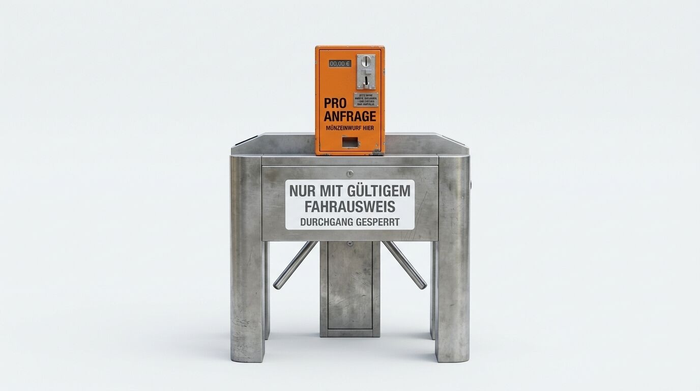 Abgenutztes Drehkreuz mit orangefarbenem Münzprüfer und Hinweisschildern